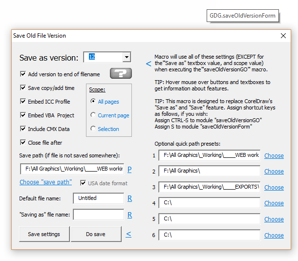 save old file version coreldraw macro 2019