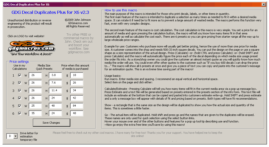 decal macro and cost calulator estimate